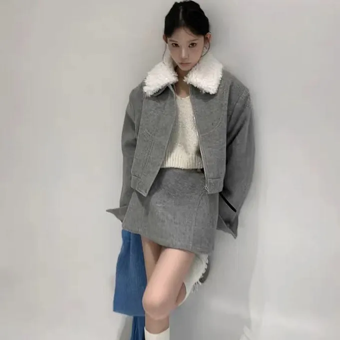 【在韩留学生】白鸭绒/羊毛混色定染冬日早八毛呢套装2670