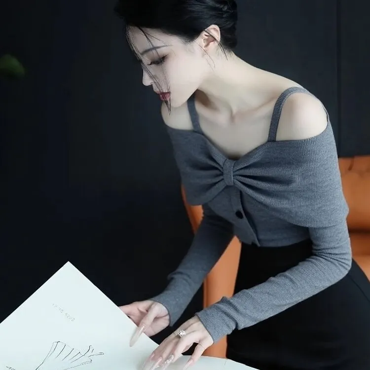 2025秋季新款设计感小众独特漂亮修身打底上衣灰色蝴蝶结领针织衫