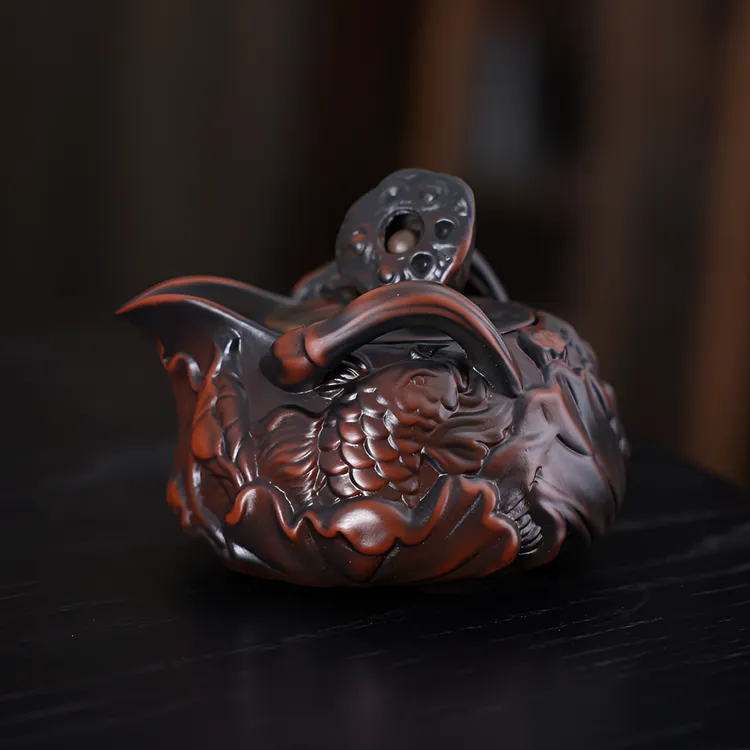 紫陶手抓壶年年有鱼手工浮雕功夫茶具茶壶复古家用泡茶器单壶礼盒