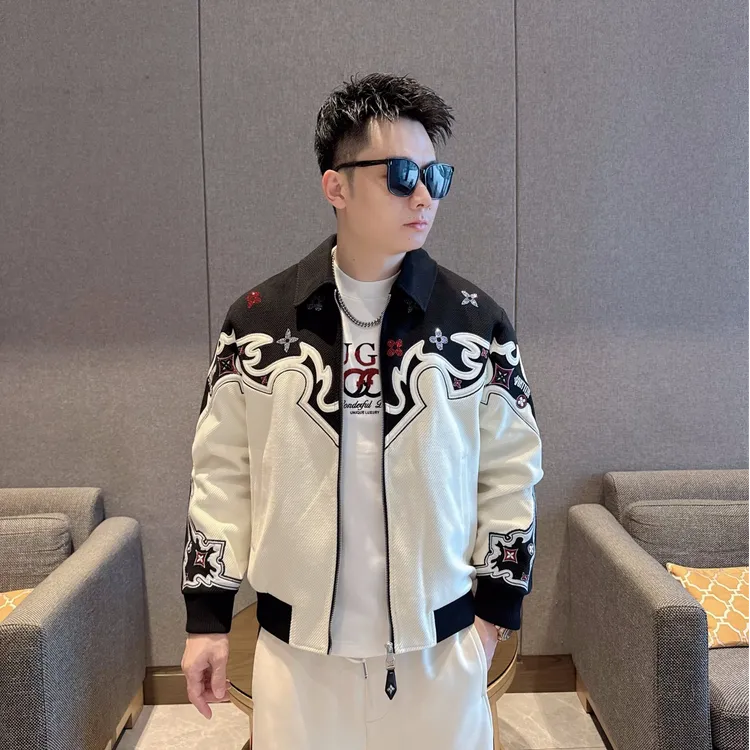 2025男士重工欧货宽松夹克秋冬烫钻刺绣拉链拼接男装时尚帅气夹棉