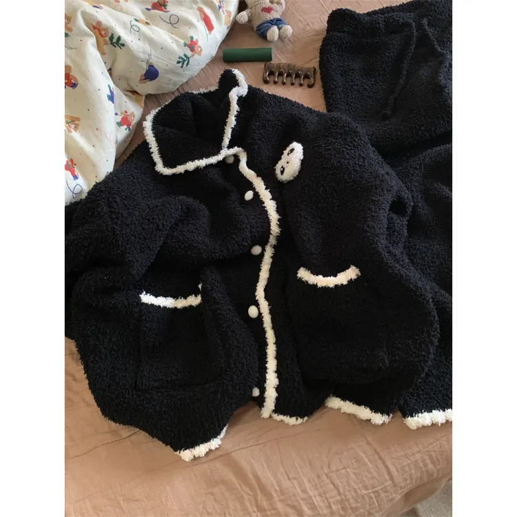 韩版简约熊猫半边绒睡衣女冬季高级感加厚保暖长袖长裤家居服套装