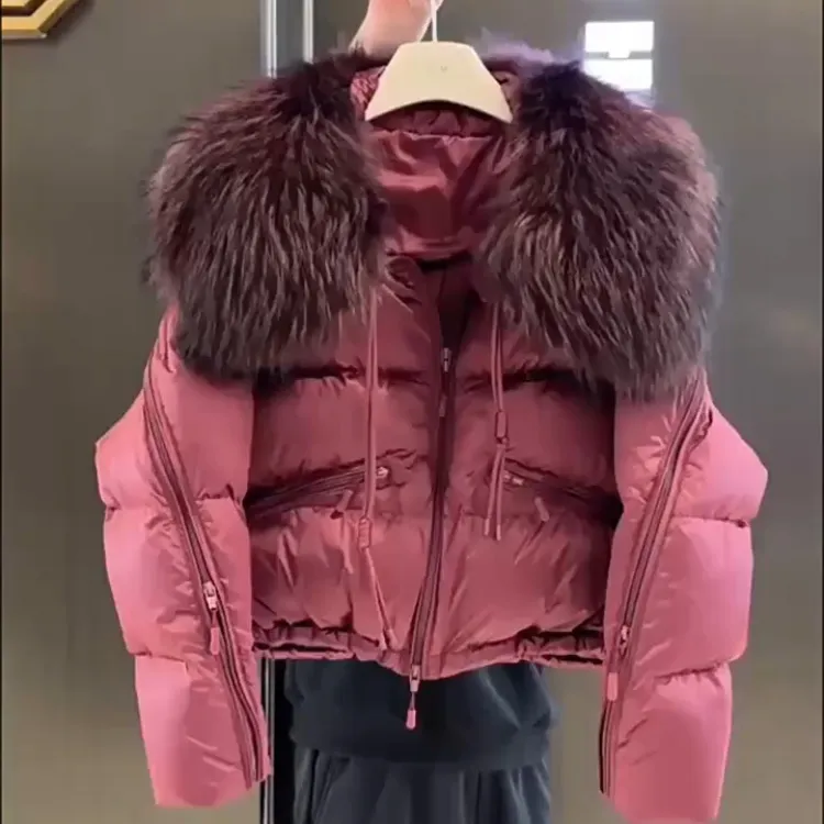 洋气时尚大毛领棉服短款外套女2025冬季保暖加厚设计感连帽面包服