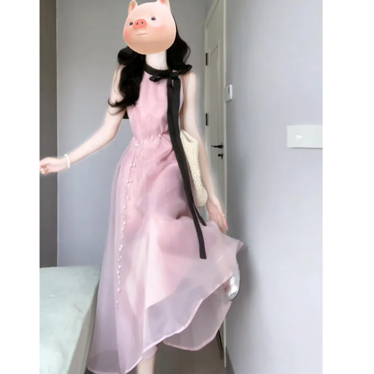 2025春季新款高端轻奢甜美生日派对礼服蝴蝶结系带挂脖收腰连衣裙