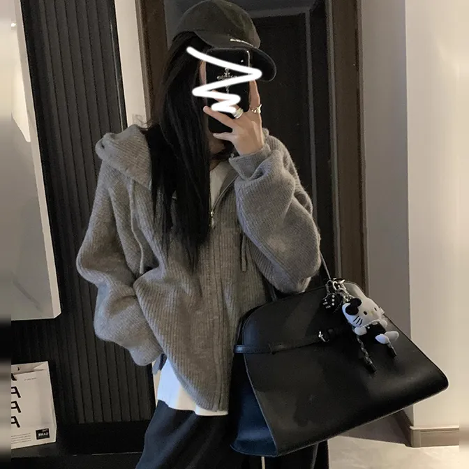 韩系连帽拉链毛衣女秋冬2025新款内搭慵懒高级感针织开衫爆款外套