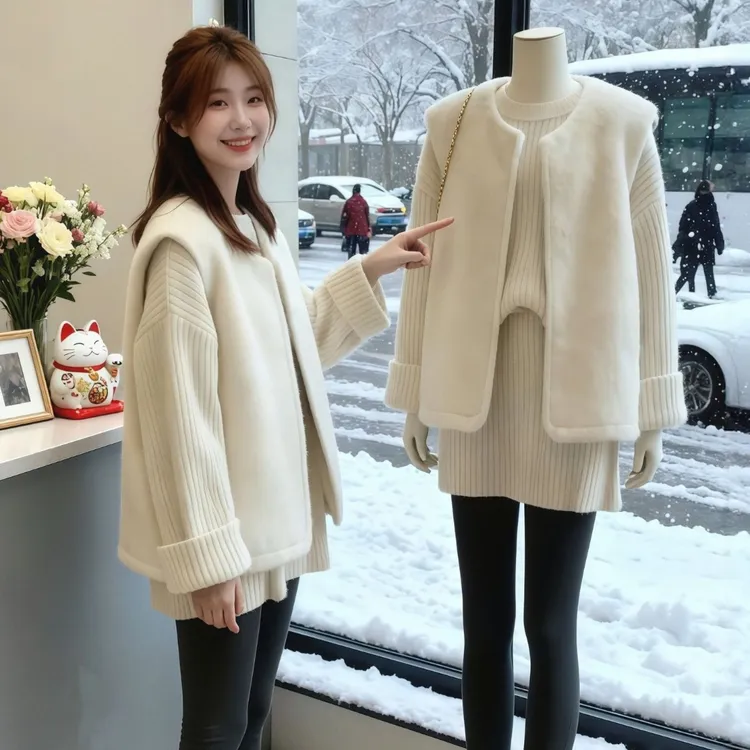 大码慵懒风羊羔毛马甲毛衣两件套女秋冬胖mm宽松显瘦韩系气质套装