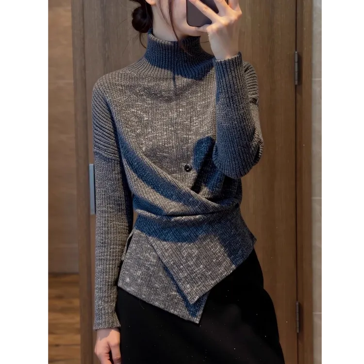 时尚慵懒风高领针织女2025秋冬新款设计感收腰显瘦软糯毛衣打底衫