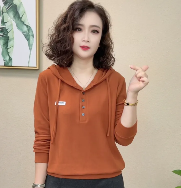 2025秋季新款纽扣款时尚洋气休闲百搭宽松显瘦连帽女士卫衣#77786