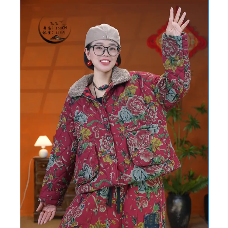 豪雅秋冬款网红印花毛领短款棉服保暖潮流时尚复古宽松减龄厚棉袄