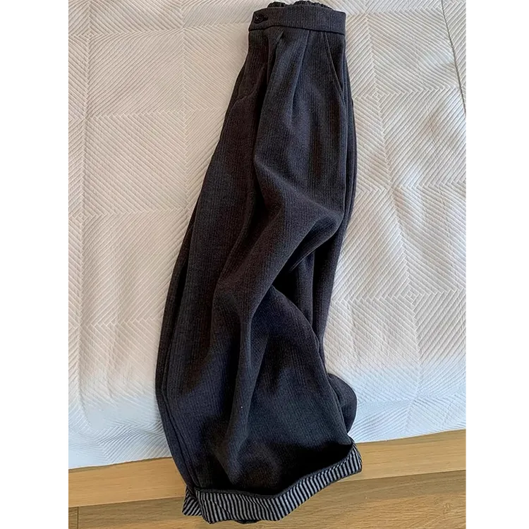 深灰色卷边阔腿裤女秋季新款小个子高腰宽松显瘦休闲直筒裤子女
