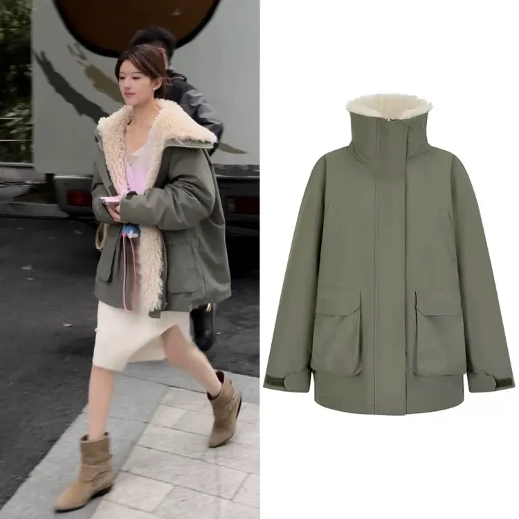 恋人赵露思阮妤同款军绿色人造羊羔毛冲锋衣外套女派克服羊羔绒女