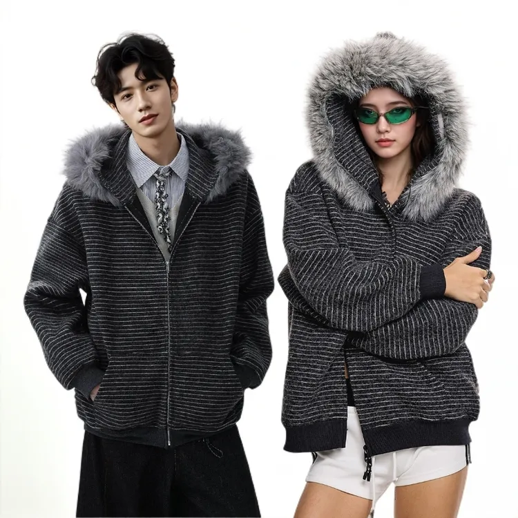 美式复古毛呢条纹连帽外套男女秋季情侣装双拉链开衫卫衣休闲上衣