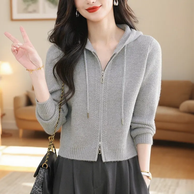 纯100羊毛衫连帽针织开衫女短款2025新款拉链毛衣外套宽松小个子