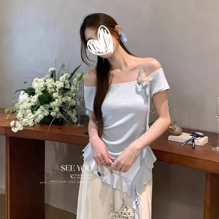 法式蝴蝶设计绑带挂脖荷叶边小裙摆短袖小衫女