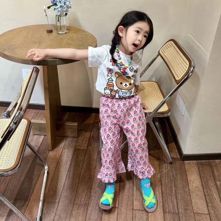 小思家女童套装2025夏季时髦韩版洋气小熊卡通短袖碎花休闲长裤