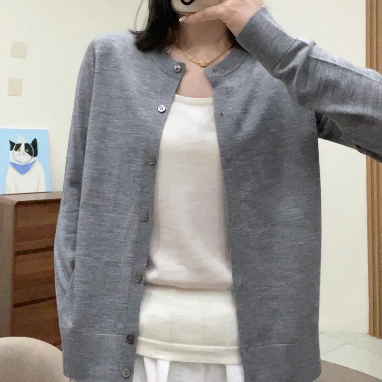 【扬子纱】精纺100%细羊毛衫女圆领针织开衫宽松百搭长袖外套上衣