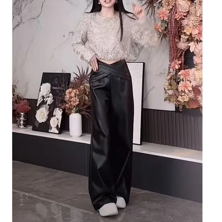 网红时髦加绒黑色皮裤秋冬高腰显瘦百搭新款轻奢收休闲阔腿长裤