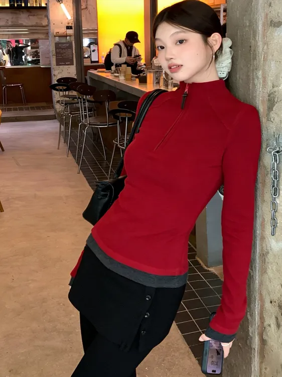 红色立领德绒打底衫女内搭磨毛保暖卫衣半拉链假两件上衣长袖t恤