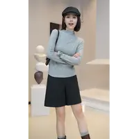 【芜阅】秋季半高领设计感抽褶修身长袖打底衫上衣E106