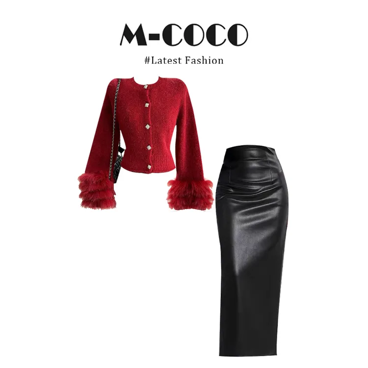 MARIE.COCO法式小香风红色毛茸茸长袖针织衫毛衣秋冬半身裙套装