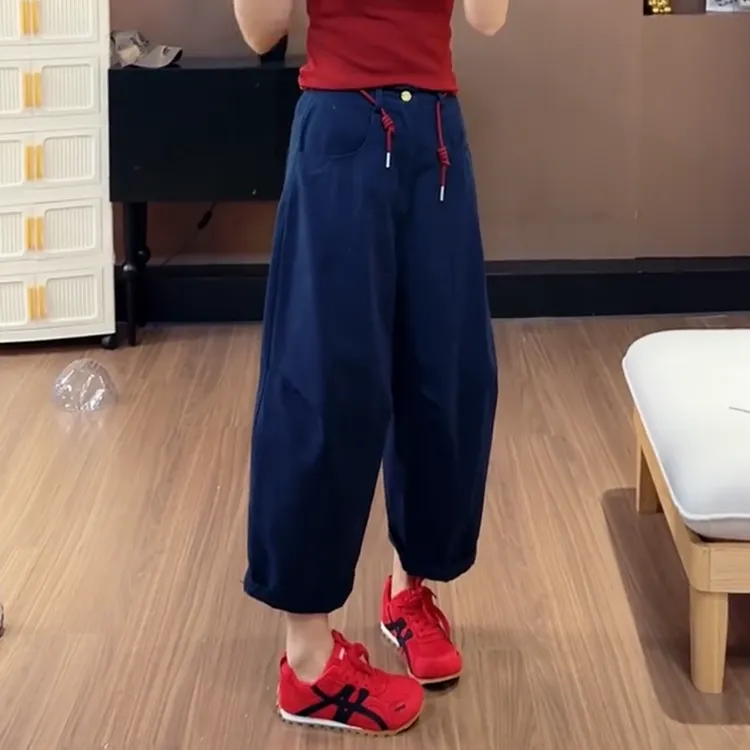 宽松直筒休闲裤女2025夏季新款大码洋气百搭显瘦九分阔腿气球裤子