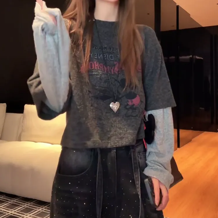 新款设计感长袖拼接假两件圆领套头上衣女LK2509148