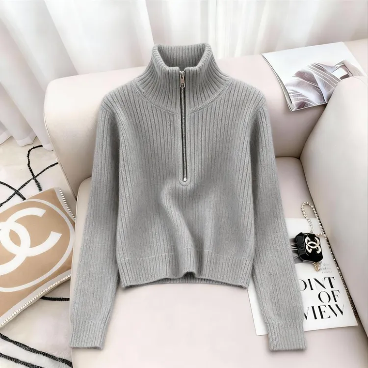 洋气慵懒风灰色半拉链针织衫女2025秋冬新款时尚气质软糯内搭毛衣