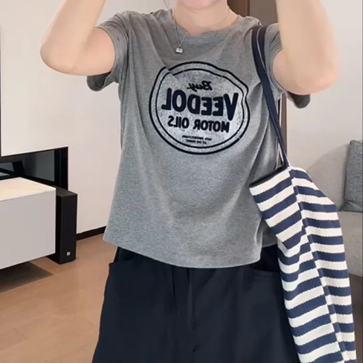 欧货字母印花圆领套头宽松显瘦百搭上衣女2025年夏季新款短袖t恤
