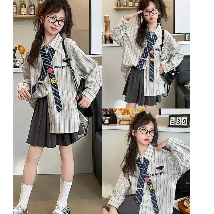 505664 女童衬衫百搭休闲上衣女宽松条纹衬衫百褶裙两件套