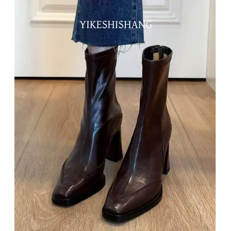 高跟短靴弹力瘦瘦靴女2025年秋冬新款拉链洋气通勤百搭马丁靴靴女