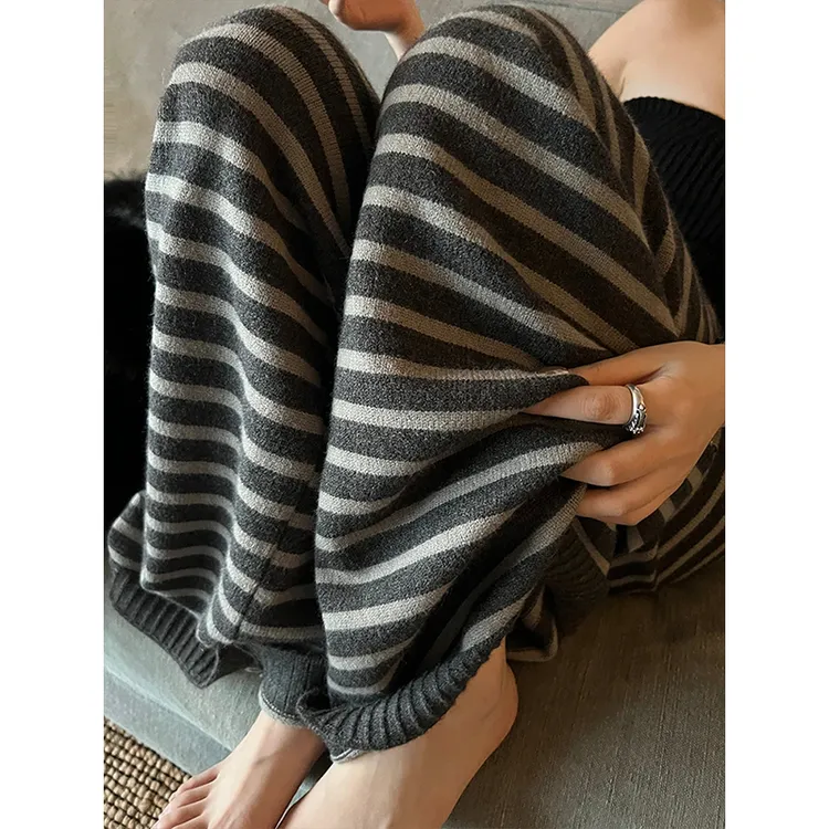 裤子女2025新款气质慵懒风条纹针织垂感休闲裤显瘦阔腿直筒裤子