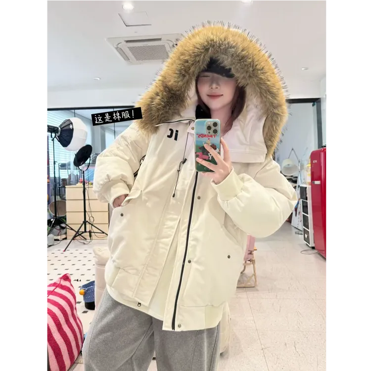 晶咕【雪地冒险家】美式工装连帽毛领宽松飞行棉服外套