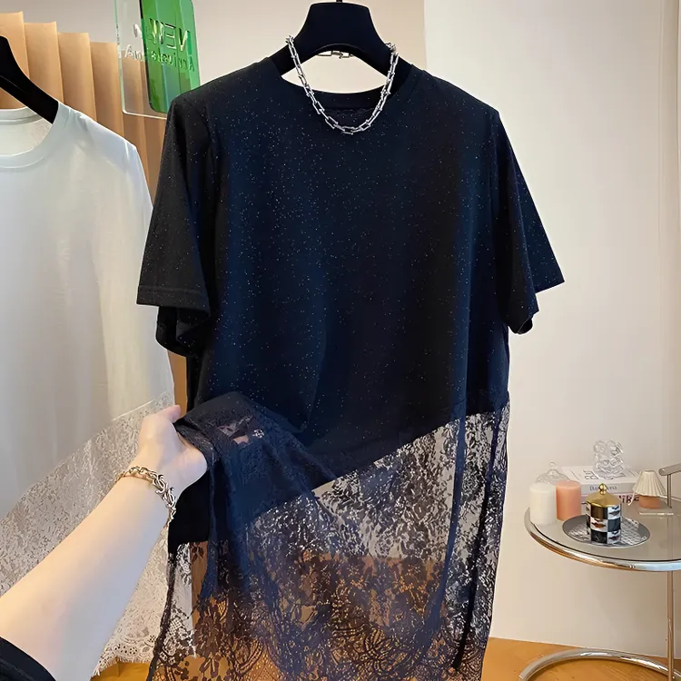 胖mm小众高级感网纱蕾丝拼接t恤女大码短袖夏中长款宽松外穿上衣