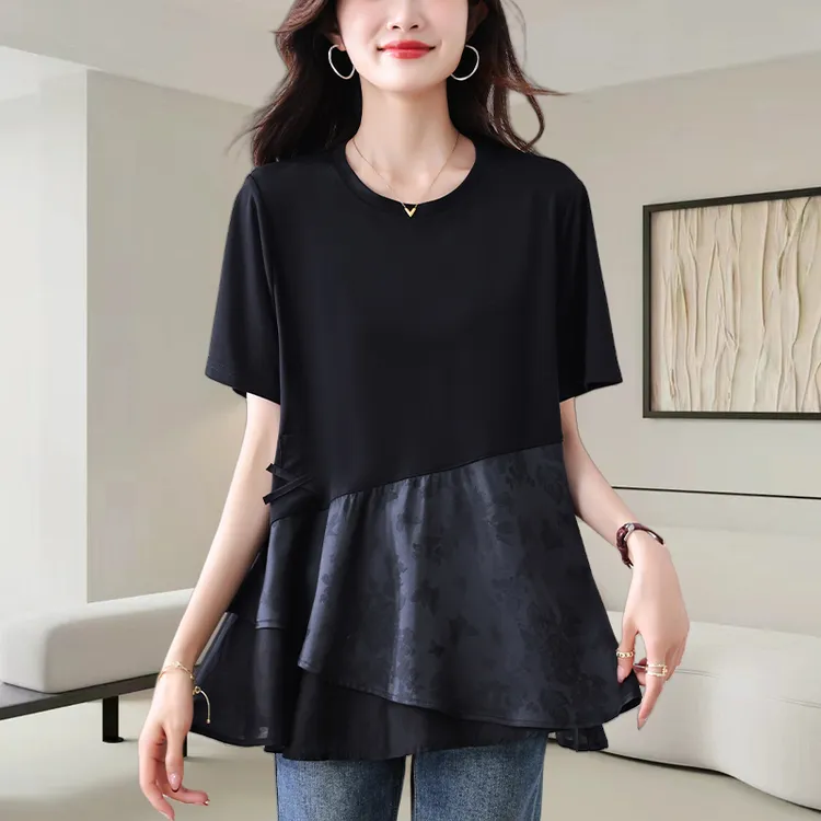 黑色圆领短袖t恤女士2025夏季新款时尚减龄宽松显瘦拼接小衫上衣