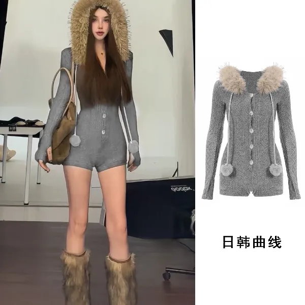 龙牙童推荐【日韩曲线】春秋冬小香风女连帽内搭针织衫连体衣长袖