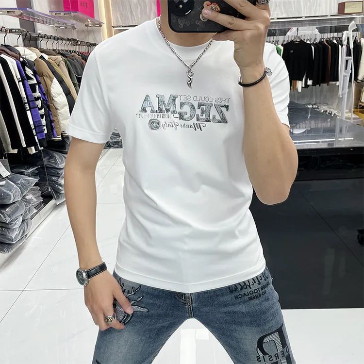 纯棉 短袖t恤男士夏季圆领欧洲站烫印花字母新款男士修身潮流半袖
