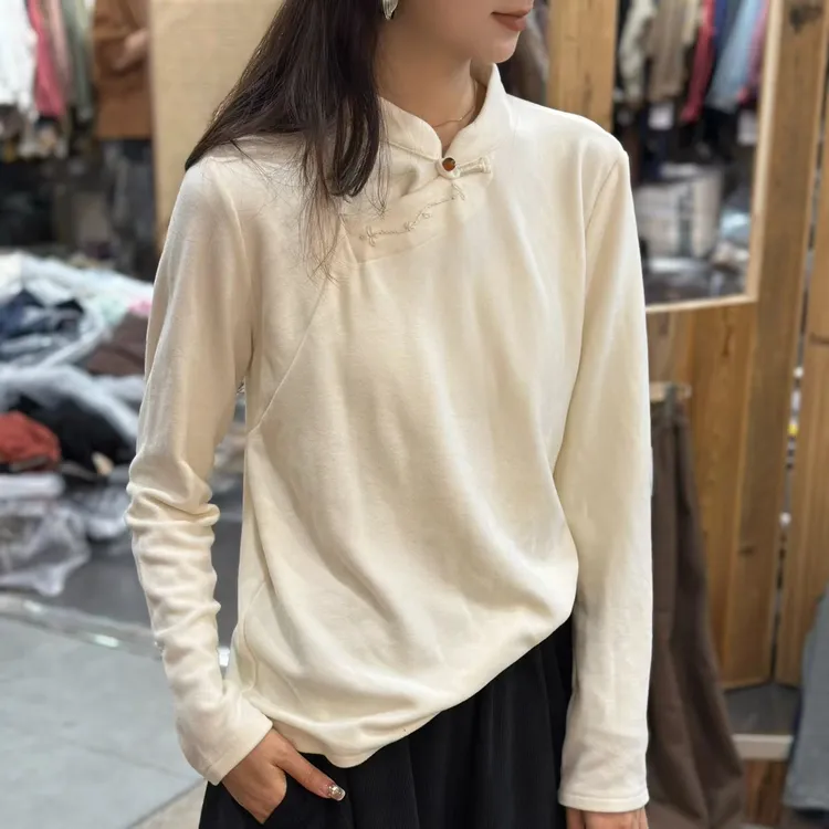 束心新中式秋冬款复古立领盘扣手工线纯色加厚弹力套头长袖打底衫