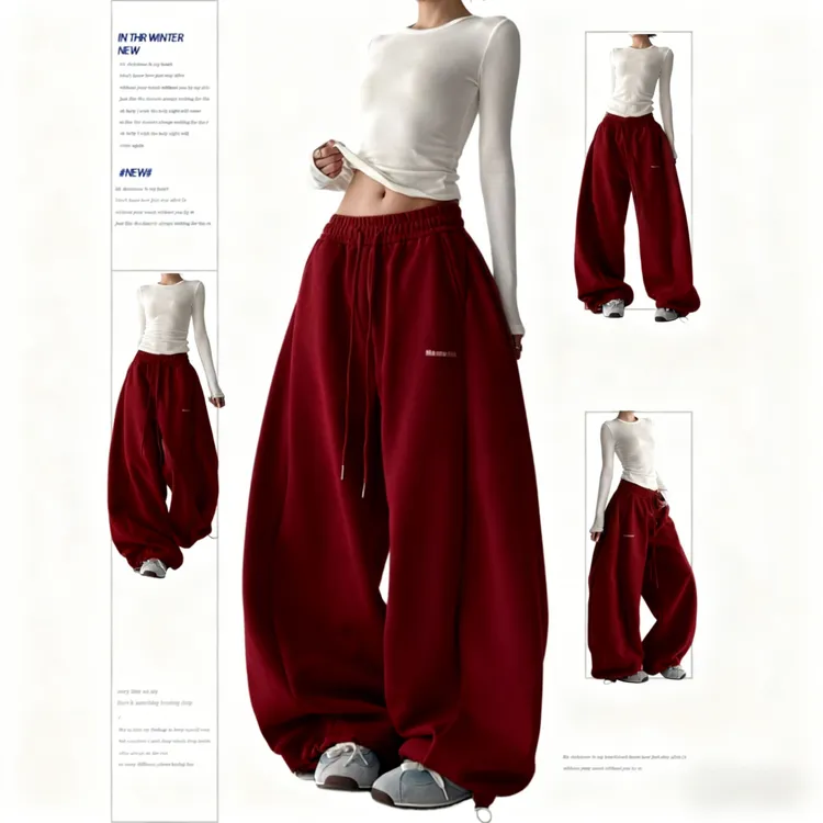 巨好看秋冬圣诞红款运动裤女休闲裤宽松bf慵懒风阔腿加绒裤香蕉裤