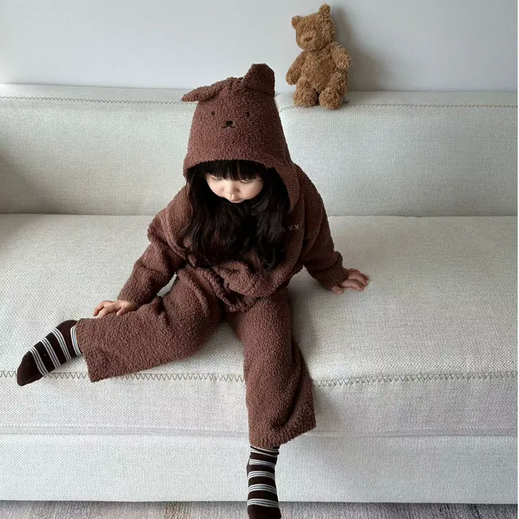 壹妈童装儿童保暖家居服套装秋冬新款洋气男女宝咖色连帽睡衣睡裤