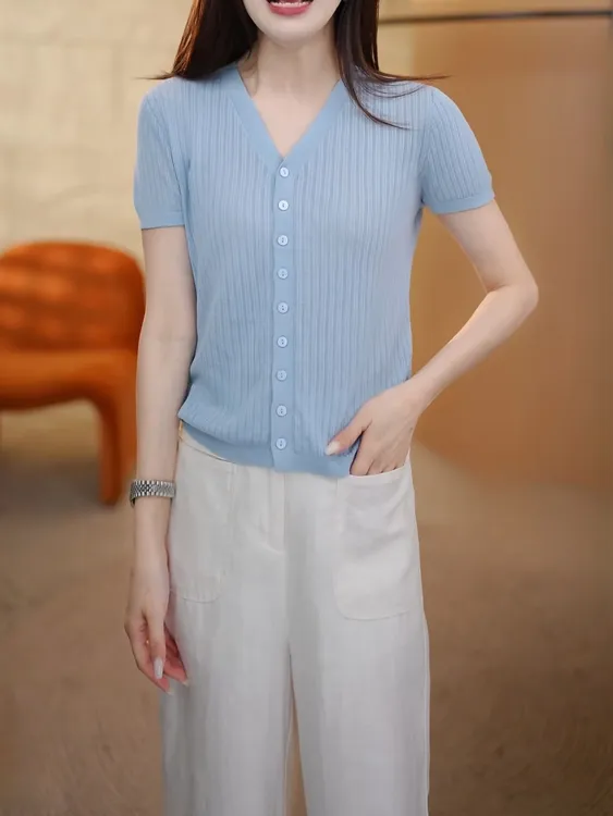 天丝+桑蚕丝夏季领薄款短袖开衫女2025新款百搭洋气显瘦纯色上衣