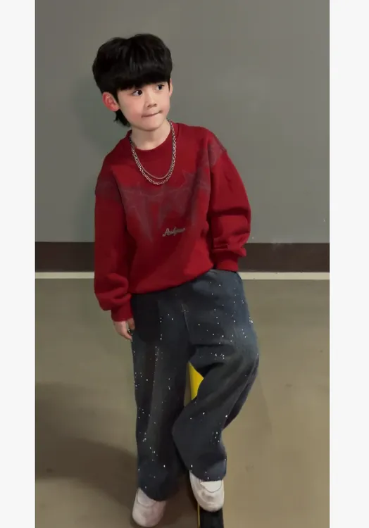 男童星星印花时尚红色加绒卫衣秋冬装亮钻加绒牛仔裤保暖中大童潮