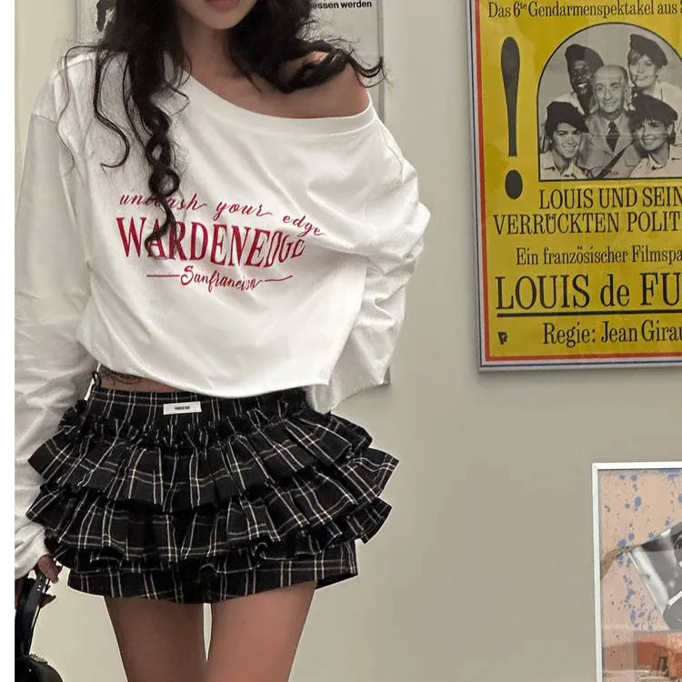 美式辣妹黑色格子短裙新款小个子高腰显瘦蛋糕裙A字蓬蓬裙裤裙