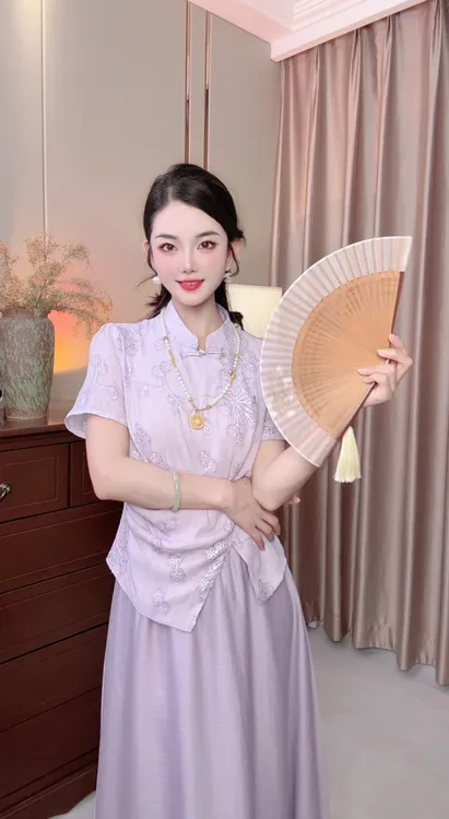 【紫气东来】通勤时尚套装气质蕾丝女装夏季上衣显瘦立领提花中国风