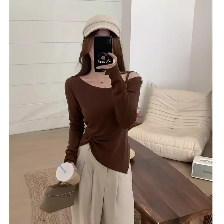 2025秋季新款白色斜肩露肩长袖T恤女收腰显瘦慵懒风打底衫上衣