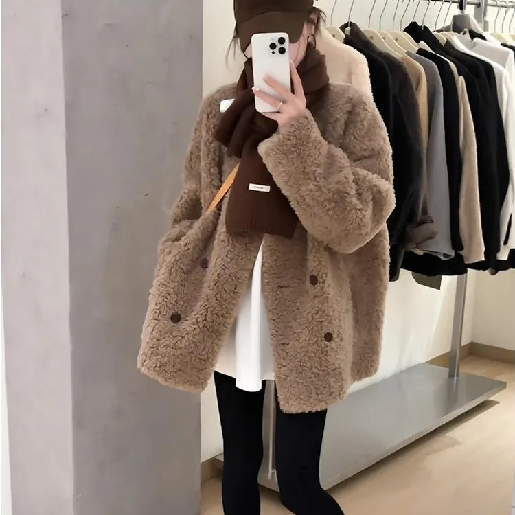 长袖免烫加厚韩系慵懒短外套保暖女短款加绒中长款加厚韩版冬季