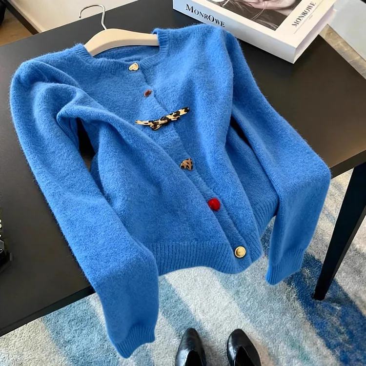 超好看的秋冬季新款克莱因蓝色长袖针织开衫慵懒高级感设计上衣