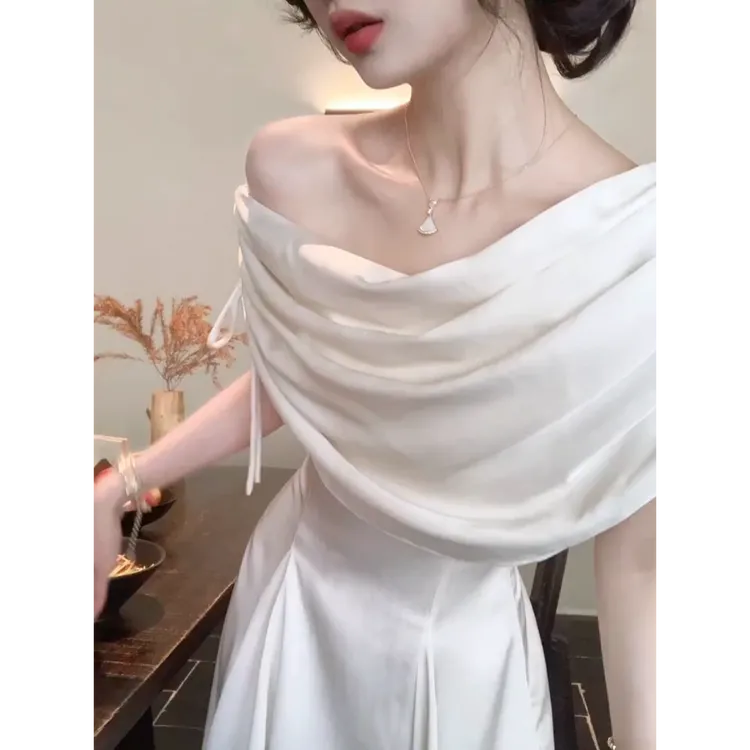 MARIE.COCO法式不规则荡领设计斜肩收腰连衣裙夏季新款时尚优雅潮