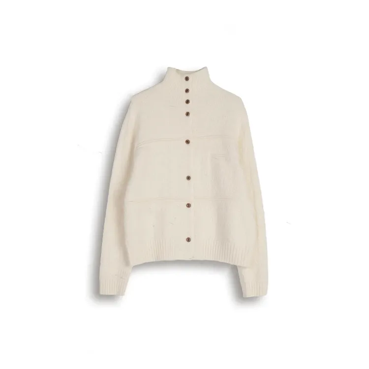 B 门店4&99！树皮纹针织衫」绵羊毛混纺半高领开衫毛衣女 T4865