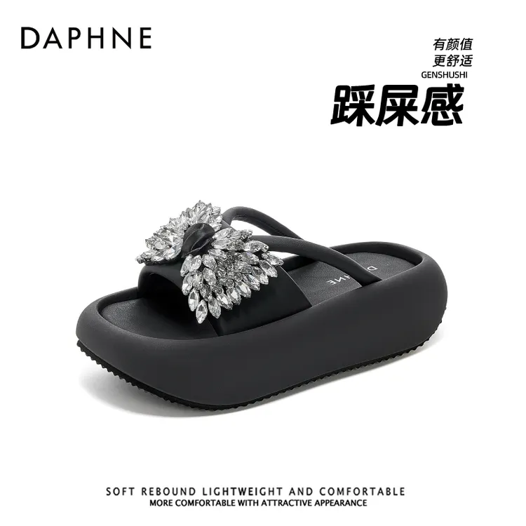 达芙妮品牌正品25夏季新款时尚百搭凉鞋女露趾松糕蝴蝶结水钻凉鞋