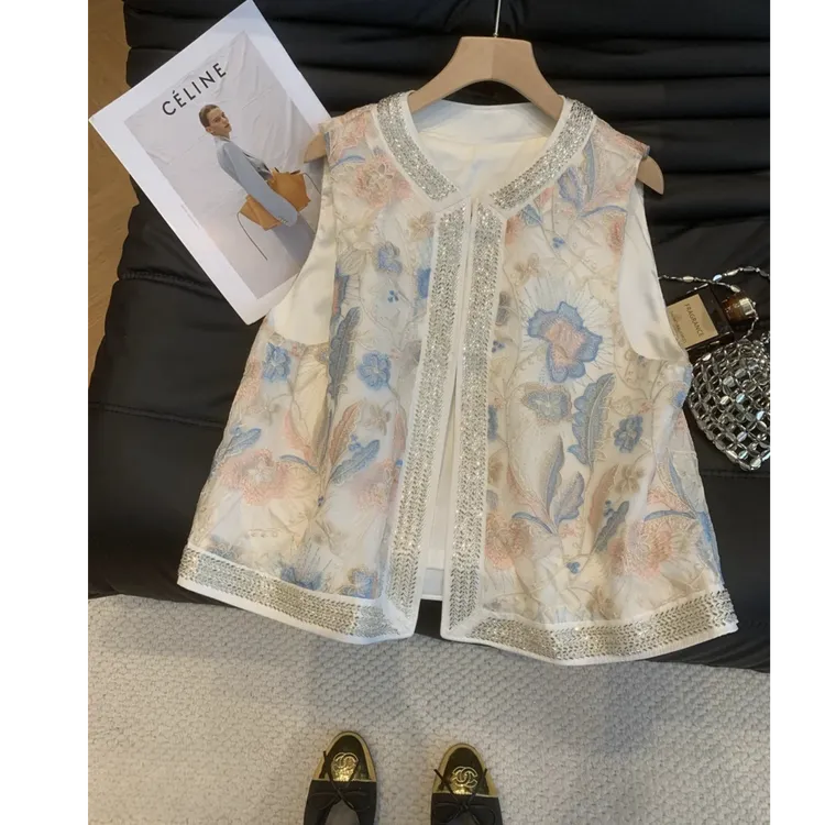 2025春夏新款高定重工刺绣钉珠宽松蕾丝马甲TW