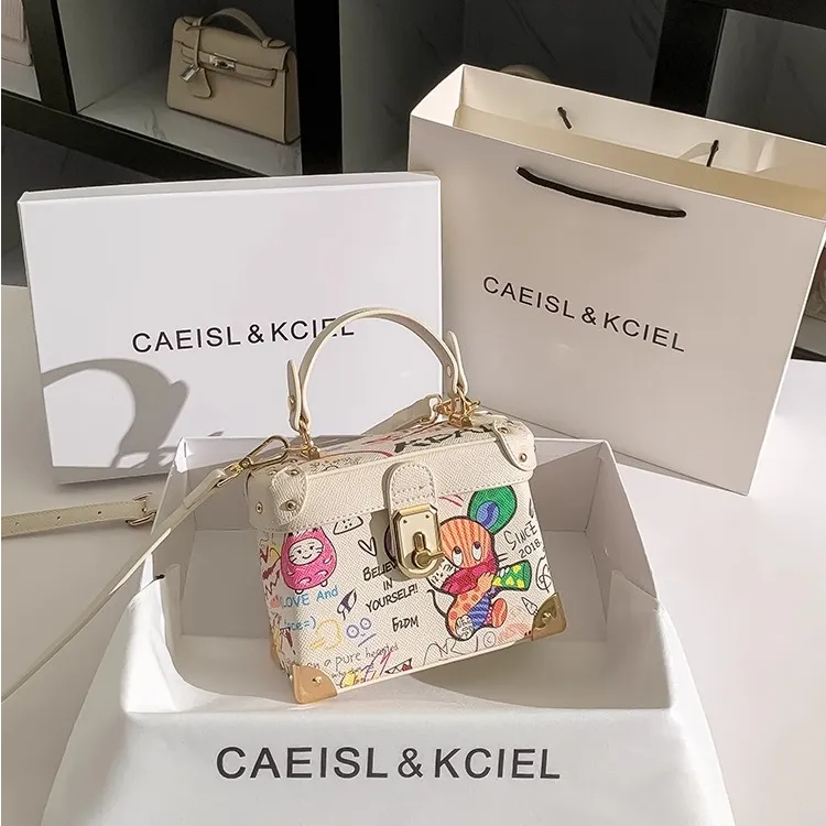 CAEISL&KCIEL女包高级感涂鸦手提盒子包包2025新款小众单肩斜挎包